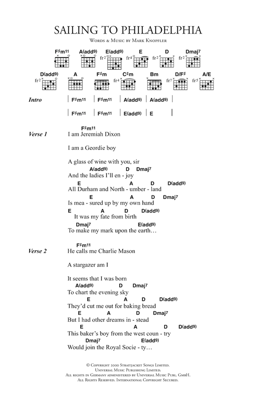 Preview Mark Knopfler Sailing To Philadelphia Rock sheet music, notes and chords for Lyrics & Chords, SKU: 123437 sheet music, piano notes, chords, guitar tabs, score, transpose, transcribe, how to play, guide, download, learn, tutorial, progression, song, artist, awards, billboard, mtv, vh1, tour, single, album, release