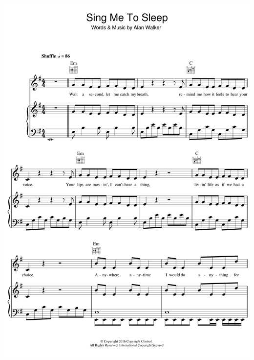 Preview Alan Walker Sing Me To Sleep Pop sheet music, notes and chords for Piano, Vocal & Guitar (Right-Hand Melody), SKU: 123450 sheet music, piano notes, chords, guitar tabs, score, transpose, transcribe, how to play, guide, download, learn, tutorial, progression, song, artist, awards, billboard, mtv, vh1, tour, single, album, release