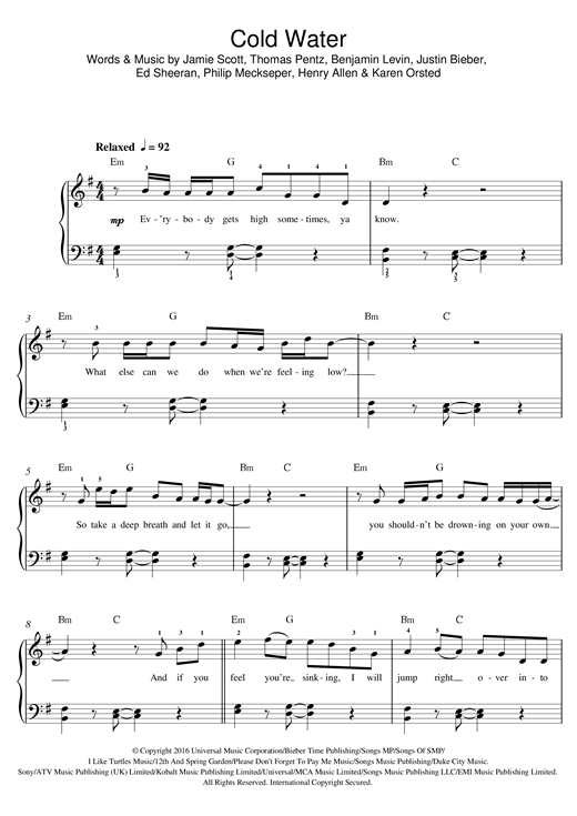 Preview Major Lazer Cold Water (featuring Justin Bieber and MO) Pop sheet music, notes and chords for Beginner Piano, SKU: 123740 sheet music, piano notes, chords, guitar tabs, score, transpose, transcribe, how to play, guide, download, learn, tutorial, progression, song, artist, awards, billboard, mtv, vh1, tour, single, album, release
