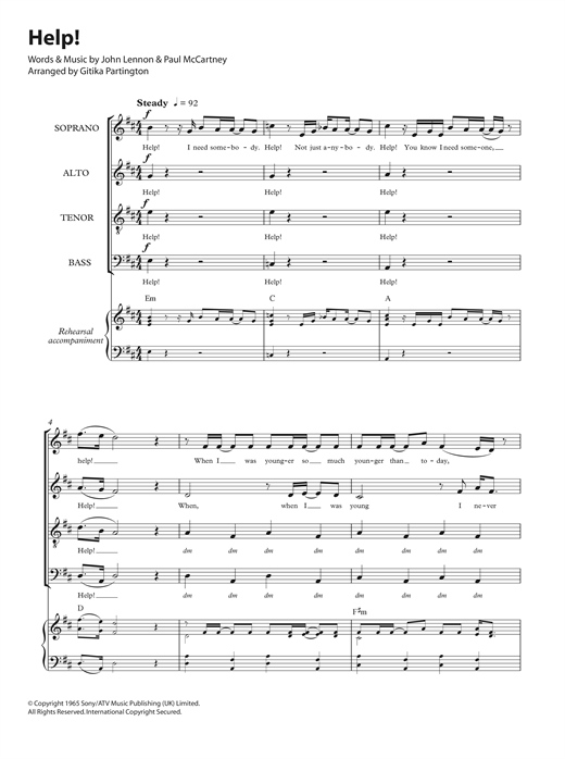 Preview The Beatles Help! (arr. Gitika Partington) Rock sheet music, notes and chords for SATB, SKU: 124490 sheet music, piano notes, chords, guitar tabs, score, transpose, transcribe, how to play, guide, download, learn, tutorial, progression, song, artist, awards, billboard, mtv, vh1, tour, single, album, release