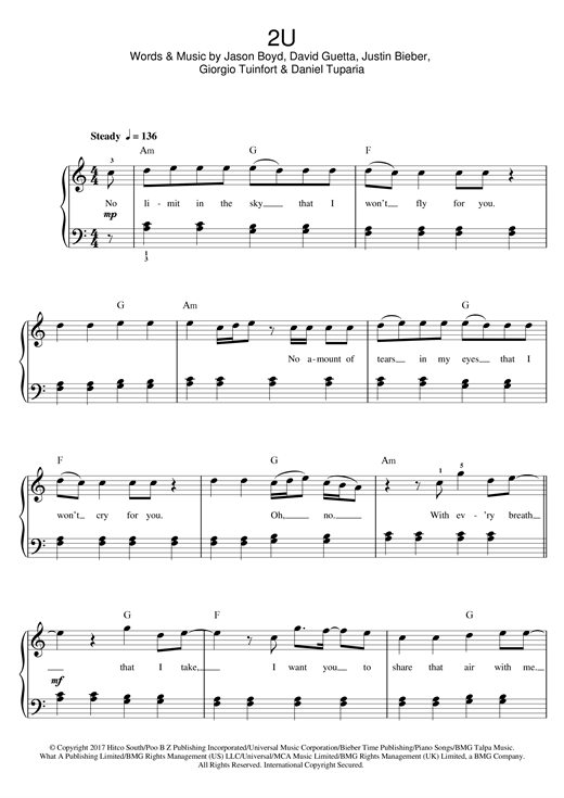 Preview Justin Bieber & David Guetta 2U Pop sheet music, notes and chords for Beginner Piano, SKU: 125189 sheet music, piano notes, chords, guitar tabs, score, transpose, transcribe, how to play, guide, download, learn, tutorial, progression, song, artist, awards, billboard, mtv, vh1, tour, single, album, release