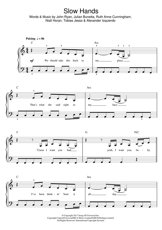 Preview Niall Horan Slow Hands Pop sheet music, notes and chords for Beginner Piano, SKU: 125208 sheet music, piano notes, chords, guitar tabs, score, transpose, transcribe, how to play, guide, download, learn, tutorial, progression, song, artist, awards, billboard, mtv, vh1, tour, single, album, release