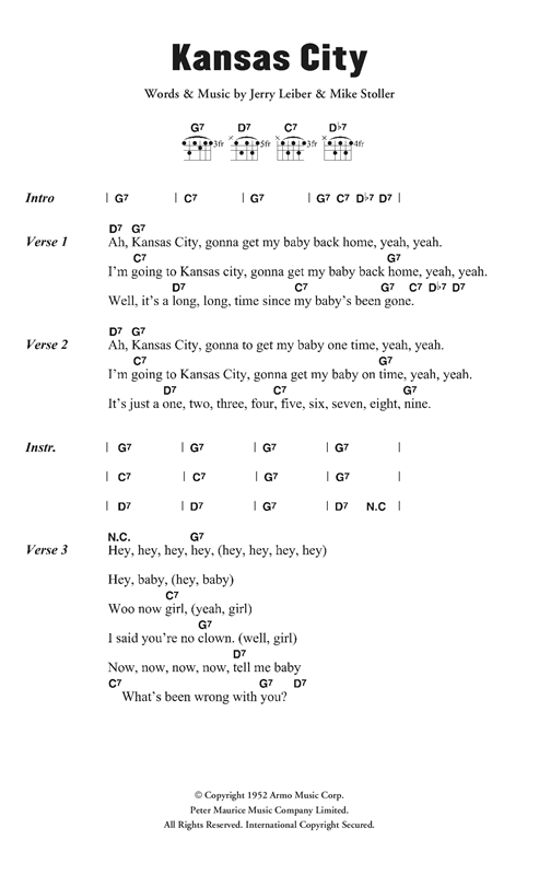 Preview The Beatles Kansas City Rock N Roll sheet music, notes and chords for Lyrics & Chords, SKU: 125232 sheet music, piano notes, chords, guitar tabs, score, transpose, transcribe, how to play, guide, download, learn, tutorial, progression, song, artist, awards, billboard, mtv, vh1, tour, single, album, release