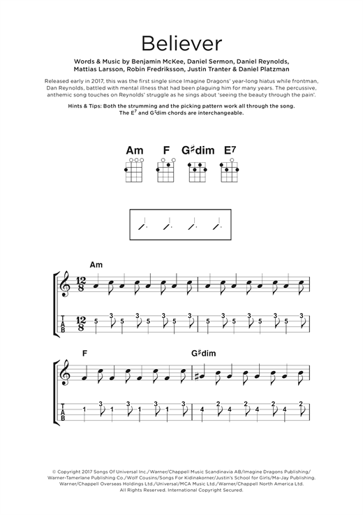 Preview Imagine Dragons Believer Pop sheet music, notes and chords for Beginner Ukulele, SKU: 125241 sheet music, piano notes, chords, guitar tabs, score, transpose, transcribe, how to play, guide, download, learn, tutorial, progression, song, artist, awards, billboard, mtv, vh1, tour, single, album, release