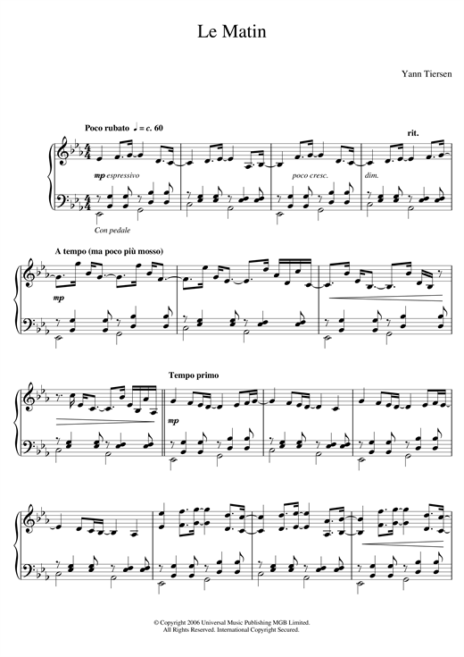 Preview Yann Tiersen Le Matin Classical sheet music, notes and chords for Piano, SKU: 125246 sheet music, piano notes, chords, guitar tabs, score, transpose, transcribe, how to play, guide, download, learn, tutorial, progression, song, artist, awards, billboard, mtv, vh1, tour, single, album, release