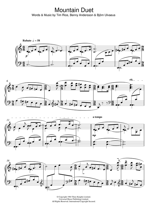 Preview Benny Andersson Mountain Duet (from sheet music, piano notes, chords, guitar tabs, score, transpose, transcribe, how to play, guide, download, learn, tutorial, progression, song, artist, awards, billboard, mtv, vh1, tour, single, album, release
