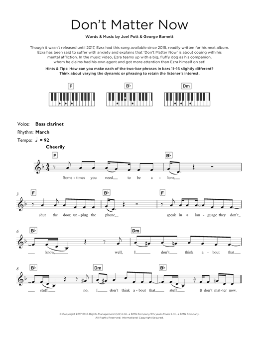 Preview George Ezra Don't Matter Now Pop sheet music, notes and chords for Keyboard, SKU: 125301 sheet music, piano notes, chords, guitar tabs, score, transpose, transcribe, how to play, guide, download, learn, tutorial, progression, song, artist, awards, billboard, mtv, vh1, tour, single, album, release