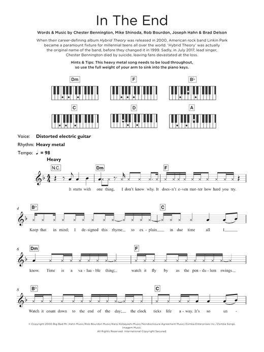 Preview Linkin Park In The End Rock sheet music, notes and chords for Keyboard, SKU: 125307 sheet music, piano notes, chords, guitar tabs, score, transpose, transcribe, how to play, guide, download, learn, tutorial, progression, song, artist, awards, billboard, mtv, vh1, tour, single, album, release