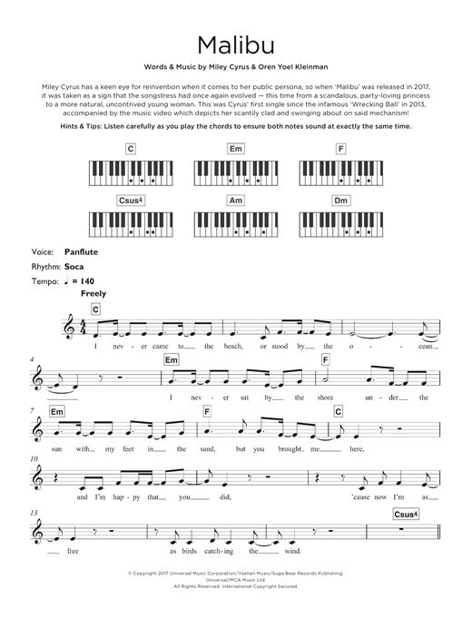 Preview Miley Cyrus Malibu Pop sheet music, notes and chords for Keyboard, SKU: 125308 sheet music, piano notes, chords, guitar tabs, score, transpose, transcribe, how to play, guide, download, learn, tutorial, progression, song, artist, awards, billboard, mtv, vh1, tour, single, album, release