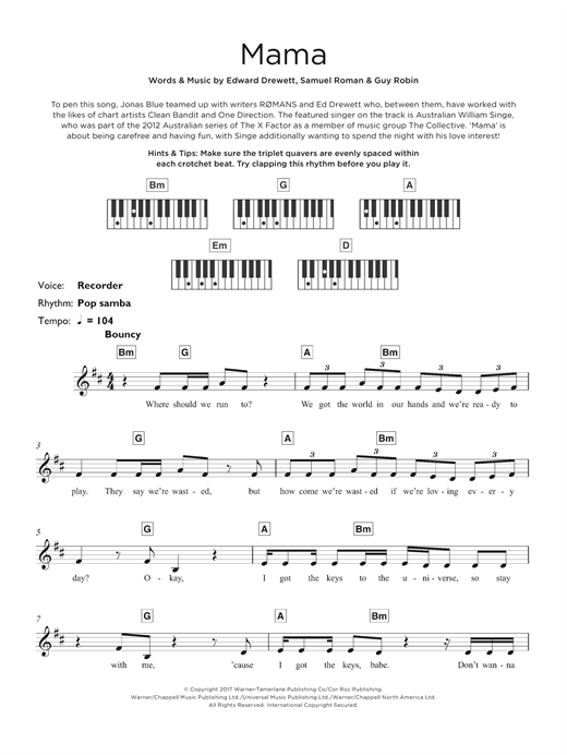 Preview Jonas Blue Mama (feat. William Singe) Pop sheet music, notes and chords for Keyboard, SKU: 125309 sheet music, piano notes, chords, guitar tabs, score, transpose, transcribe, how to play, guide, download, learn, tutorial, progression, song, artist, awards, billboard, mtv, vh1, tour, single, album, release