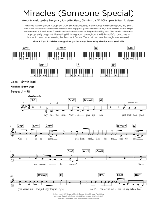 Preview Coldplay Miracles (Someone Special) (feat. Big Sean) Pop sheet music, notes and chords for Keyboard, SKU: 125310 sheet music, piano notes, chords, guitar tabs, score, transpose, transcribe, how to play, guide, download, learn, tutorial, progression, song, artist, awards, billboard, mtv, vh1, tour, single, album, release