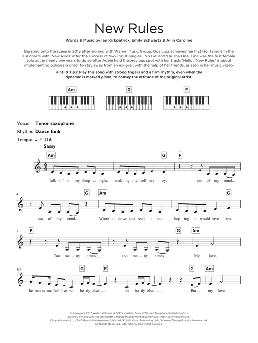 Preview Dua Lipa New Rules Pop sheet music, notes and chords for Keyboard, SKU: 125311 sheet music, piano notes, chords, guitar tabs, score, transpose, transcribe, how to play, guide, download, learn, tutorial, progression, song, artist, awards, billboard, mtv, vh1, tour, single, album, release