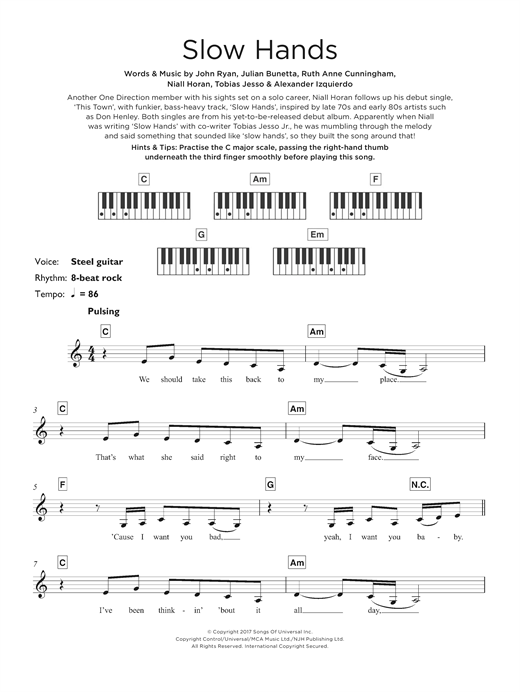 Preview Niall Horan Slow Hands Pop sheet music, notes and chords for Keyboard, SKU: 125322 sheet music, piano notes, chords, guitar tabs, score, transpose, transcribe, how to play, guide, download, learn, tutorial, progression, song, artist, awards, billboard, mtv, vh1, tour, single, album, release