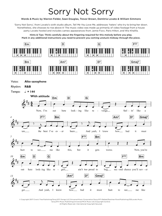 Preview Demi Lovato Sorry Not Sorry Pop sheet music, notes and chords for Keyboard, SKU: 125323 sheet music, piano notes, chords, guitar tabs, score, transpose, transcribe, how to play, guide, download, learn, tutorial, progression, song, artist, awards, billboard, mtv, vh1, tour, single, album, release