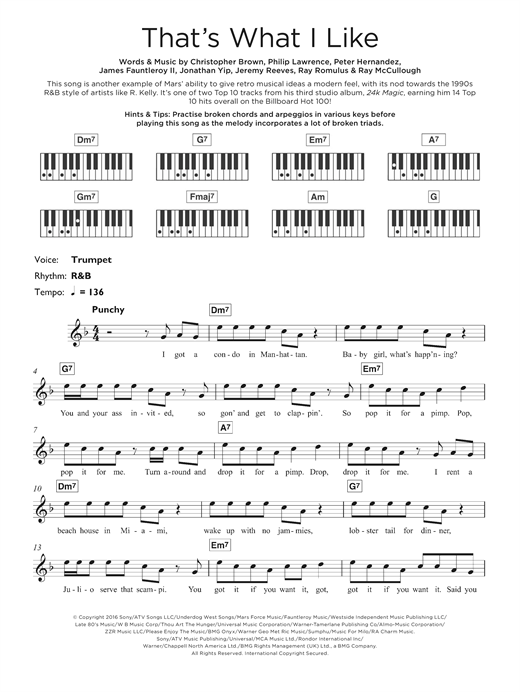 Preview Bruno Mars That's What I Like Pop sheet music, notes and chords for Keyboard, SKU: 125324 sheet music, piano notes, chords, guitar tabs, score, transpose, transcribe, how to play, guide, download, learn, tutorial, progression, song, artist, awards, billboard, mtv, vh1, tour, single, album, release