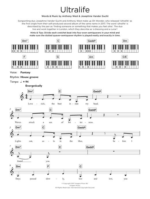 Preview Oh Wonder Ultralife Pop sheet music, notes and chords for Keyboard, SKU: 125326 sheet music, piano notes, chords, guitar tabs, score, transpose, transcribe, how to play, guide, download, learn, tutorial, progression, song, artist, awards, billboard, mtv, vh1, tour, single, album, release