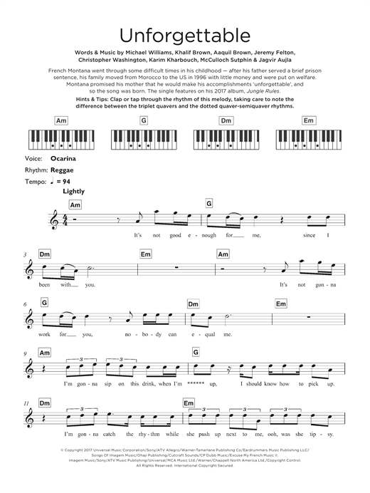 Preview French Montana Unforgettable (feat. Swae Lee) Pop sheet music, notes and chords for Keyboard, SKU: 125327 sheet music, piano notes, chords, guitar tabs, score, transpose, transcribe, how to play, guide, download, learn, tutorial, progression, song, artist, awards, billboard, mtv, vh1, tour, single, album, release