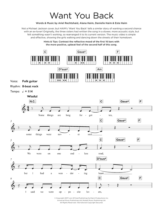 Preview Haim Want You Back Pop sheet music, notes and chords for Keyboard, SKU: 125328 sheet music, piano notes, chords, guitar tabs, score, transpose, transcribe, how to play, guide, download, learn, tutorial, progression, song, artist, awards, billboard, mtv, vh1, tour, single, album, release