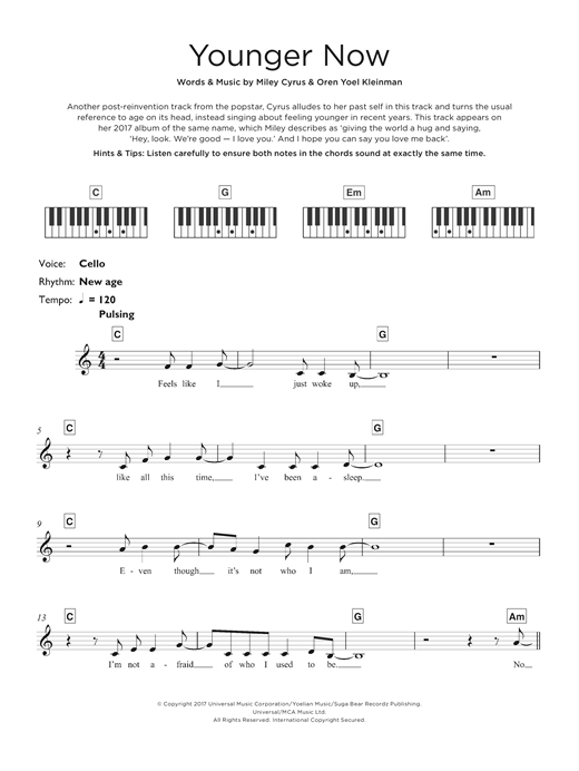 Preview Miley Cyrus Younger Now Pop sheet music, notes and chords for Keyboard, SKU: 125330 sheet music, piano notes, chords, guitar tabs, score, transpose, transcribe, how to play, guide, download, learn, tutorial, progression, song, artist, awards, billboard, mtv, vh1, tour, single, album, release
