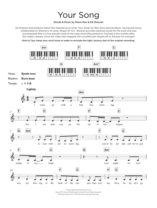 Preview Rita Ora Your Song Pop sheet music, notes and chords for Keyboard, SKU: 125331 sheet music, piano notes, chords, guitar tabs, score, transpose, transcribe, how to play, guide, download, learn, tutorial, progression, song, artist, awards, billboard, mtv, vh1, tour, single, album, release