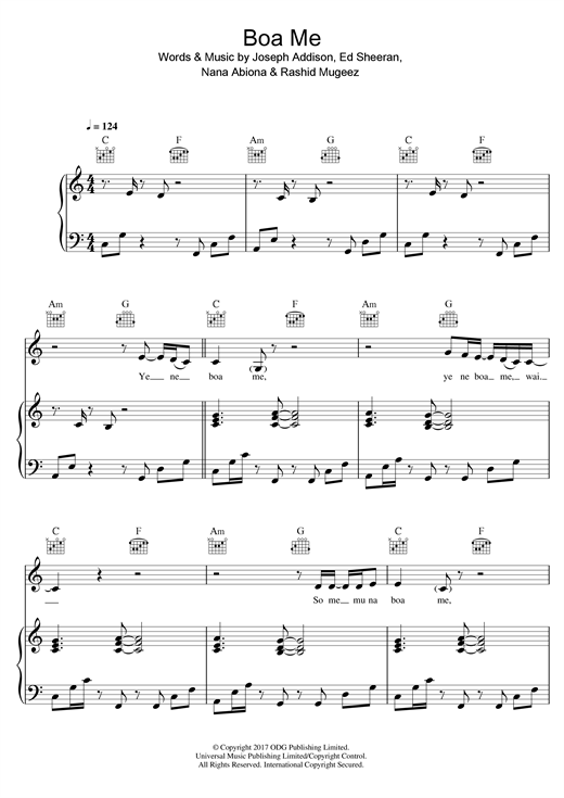Preview Fuse ODG Boa Me (feat. Ed Sheeran & Mugeez) Pop sheet music, notes and chords for Piano, Vocal & Guitar, SKU: 125346 sheet music, piano notes, chords, guitar tabs, score, transpose, transcribe, how to play, guide, download, learn, tutorial, progression, song, artist, awards, billboard, mtv, vh1, tour, single, album, release