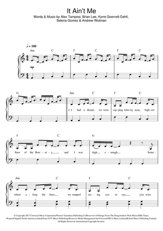 Preview Kygo and Selena Gomez It Ain't Me Pop sheet music, notes and chords for Easy Piano, SKU: 125440 sheet music, piano notes, chords, guitar tabs, score, transpose, transcribe, how to play, guide, download, learn, tutorial, progression, song, artist, awards, billboard, mtv, vh1, tour, single, album, release