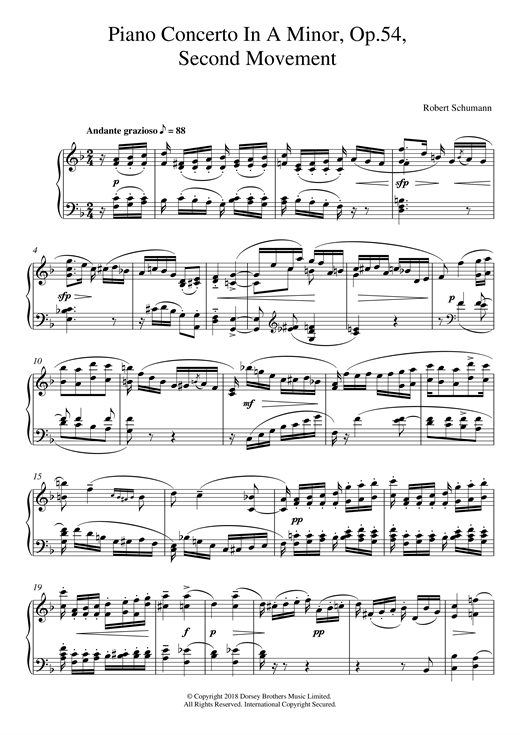 Preview Robert Schumann Piano Concerto In A Minor, Op.54, Second Movement Classical sheet music, notes and chords for Piano, SKU: 125514 sheet music, piano notes, chords, guitar tabs, score, transpose, transcribe, how to play, guide, download, learn, tutorial, progression, song, artist, awards, billboard, mtv, vh1, tour, single, album, release
