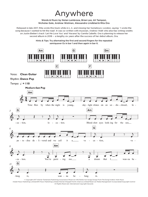 Preview Rita Ora Anywhere Pop sheet music, notes and chords for Keyboard, SKU: 125679 sheet music, piano notes, chords, guitar tabs, score, transpose, transcribe, how to play, guide, download, learn, tutorial, progression, song, artist, awards, billboard, mtv, vh1, tour, single, album, release