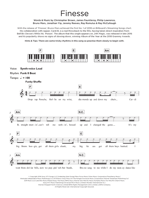 Preview Bruno Mars Finesse (feat. Cardi B) R & B sheet music, notes and chords for Keyboard, SKU: 125683 sheet music, piano notes, chords, guitar tabs, score, transpose, transcribe, how to play, guide, download, learn, tutorial, progression, song, artist, awards, billboard, mtv, vh1, tour, single, album, release