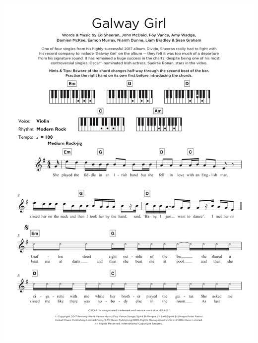 Preview Ed Sheeran Galway Girl Pop sheet music, notes and chords for Keyboard, SKU: 125684 sheet music, piano notes, chords, guitar tabs, score, transpose, transcribe, how to play, guide, download, learn, tutorial, progression, song, artist, awards, billboard, mtv, vh1, tour, single, album, release