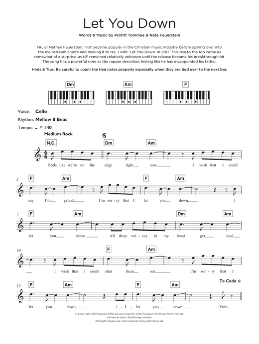 Preview NF Let You Down Pop sheet music, notes and chords for Keyboard, SKU: 125685 sheet music, piano notes, chords, guitar tabs, score, transpose, transcribe, how to play, guide, download, learn, tutorial, progression, song, artist, awards, billboard, mtv, vh1, tour, single, album, release