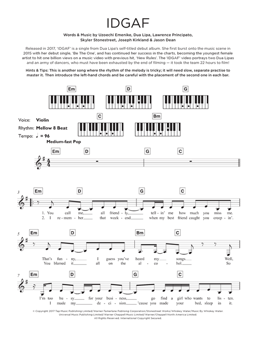 Preview Dua Lipa IDGAF Pop sheet music, notes and chords for Keyboard, SKU: 125687 sheet music, piano notes, chords, guitar tabs, score, transpose, transcribe, how to play, guide, download, learn, tutorial, progression, song, artist, awards, billboard, mtv, vh1, tour, single, album, release