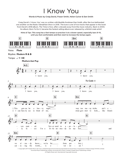 Preview Craig David I Know You (feat. Bastille) Pop sheet music, notes and chords for Keyboard, SKU: 125688 sheet music, piano notes, chords, guitar tabs, score, transpose, transcribe, how to play, guide, download, learn, tutorial, progression, song, artist, awards, billboard, mtv, vh1, tour, single, album, release