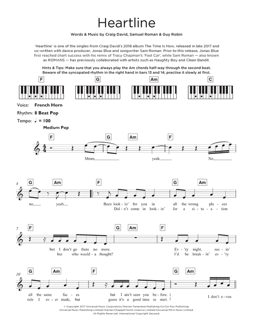 Preview Craig David Heartline R & B sheet music, notes and chords for Keyboard, SKU: 125689 sheet music, piano notes, chords, guitar tabs, score, transpose, transcribe, how to play, guide, download, learn, tutorial, progression, song, artist, awards, billboard, mtv, vh1, tour, single, album, release