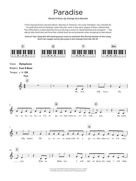 Preview George Ezra Paradise Pop sheet music, notes and chords for Keyboard, SKU: 125695 sheet music, piano notes, chords, guitar tabs, score, transpose, transcribe, how to play, guide, download, learn, tutorial, progression, song, artist, awards, billboard, mtv, vh1, tour, single, album, release