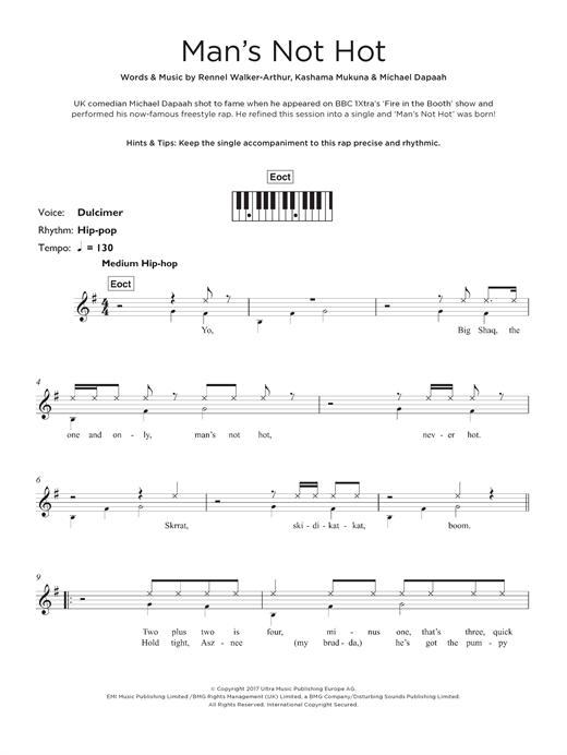 Preview Big Shaq Man's Not Hot Pop sheet music, notes and chords for Keyboard, SKU: 125696 sheet music, piano notes, chords, guitar tabs, score, transpose, transcribe, how to play, guide, download, learn, tutorial, progression, song, artist, awards, billboard, mtv, vh1, tour, single, album, release