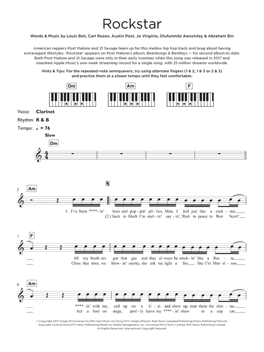 Preview Post Malone Rockstar (feat. 21 Savage) Pop sheet music, notes and chords for Keyboard, SKU: 125697 sheet music, piano notes, chords, guitar tabs, score, transpose, transcribe, how to play, guide, download, learn, tutorial, progression, song, artist, awards, billboard, mtv, vh1, tour, single, album, release