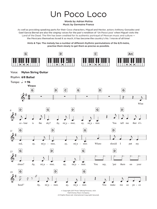 Preview Adrian Molina Un Poco Loco (from 'Coco') Film and TV sheet music, notes and chords for Keyboard, SKU: 125698 sheet music, piano notes, chords, guitar tabs, score, transpose, transcribe, how to play, guide, download, learn, tutorial, progression, song, artist, awards, billboard, mtv, vh1, tour, single, album, release