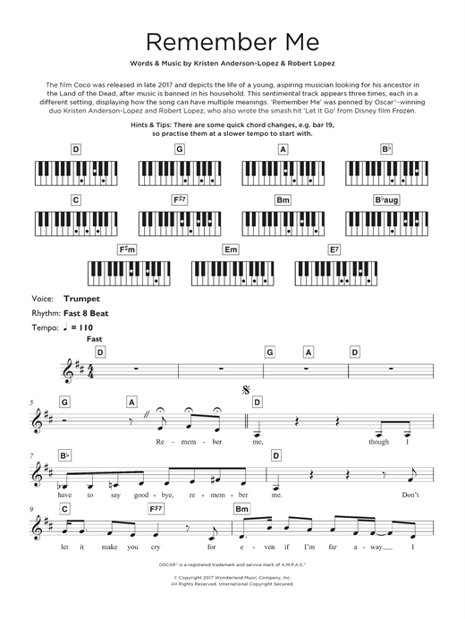 Preview Kristen Anderson-Lopez Remember Me (Ernesto de la Cruz) (from 'Coco') Film and TV sheet music, notes and chords for Keyboard, SKU: 125700 sheet music, piano notes, chords, guitar tabs, score, transpose, transcribe, how to play, guide, download, learn, tutorial, progression, song, artist, awards, billboard, mtv, vh1, tour, single, album, release