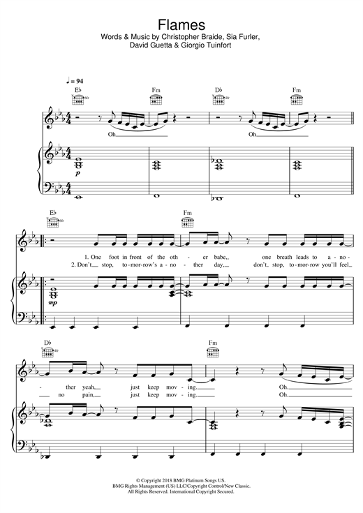 Preview David Guetta & Sia Flames Pop sheet music, notes and chords for Piano, Vocal & Guitar (Right-Hand Melody), SKU: 125718 sheet music, piano notes, chords, guitar tabs, score, transpose, transcribe, how to play, guide, download, learn, tutorial, progression, song, artist, awards, billboard, mtv, vh1, tour, single, album, release
