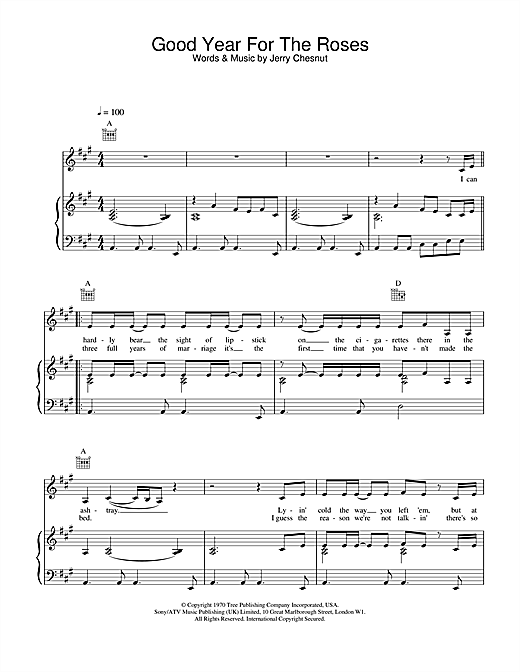 Preview Elvis Costello A Good Year For The Roses Rock sheet music, notes and chords for Piano, Vocal & Guitar (Right-Hand Melody), SKU: 13624 sheet music, piano notes, chords, guitar tabs, score, transpose, transcribe, how to play, guide, download, learn, tutorial, progression, song, artist, awards, billboard, mtv, vh1, tour, single, album, release