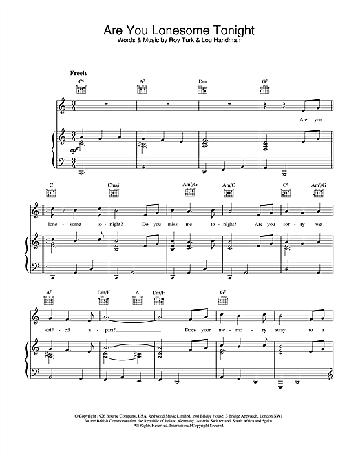 Preview Elvis Presley Are You Lonesome Tonight? Pop sheet music, notes and chords for Piano, Vocal & Guitar (Right-Hand Melody), SKU: 13631 sheet music, piano notes, chords, guitar tabs, score, transpose, transcribe, how to play, guide, download, learn, tutorial, progression, song, artist, awards, billboard, mtv, vh1, tour, single, album, release