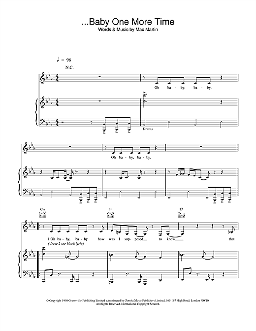 Preview Britney Spears ...Baby One More Time Pop sheet music, notes and chords for Piano, Vocal & Guitar, SKU: 13635 sheet music, piano notes, chords, guitar tabs, score, transpose, transcribe, how to play, guide, download, learn, tutorial, progression, song, artist, awards, billboard, mtv, vh1, tour, single, album, release