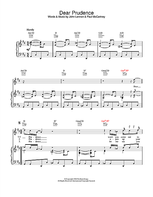 Preview The Beatles Dear Prudence Rock sheet music, notes and chords for Piano, Vocal & Guitar (Right-Hand Melody), SKU: 13645 sheet music, piano notes, chords, guitar tabs, score, transpose, transcribe, how to play, guide, download, learn, tutorial, progression, song, artist, awards, billboard, mtv, vh1, tour, single, album, release
