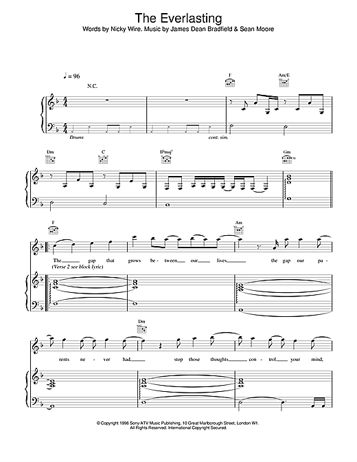 Preview Manic Street Preachers Everlasting Pop sheet music, notes and chords for Piano, Vocal & Guitar, SKU: 13650 sheet music, piano notes, chords, guitar tabs, score, transpose, transcribe, how to play, guide, download, learn, tutorial, progression, song, artist, awards, billboard, mtv, vh1, tour, single, album, release