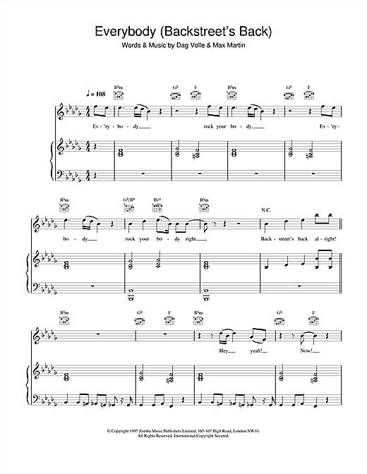 Preview Backstreet Boys Everybody (Backstreet's Back) Pop sheet music, notes and chords for Piano, Vocal & Guitar, SKU: 13652 sheet music, piano notes, chords, guitar tabs, score, transpose, transcribe, how to play, guide, download, learn, tutorial, progression, song, artist, awards, billboard, mtv, vh1, tour, single, album, release