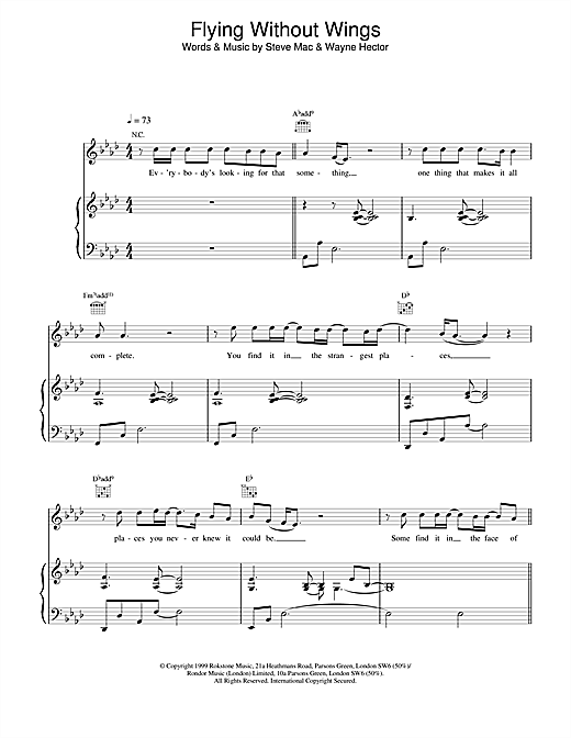 Preview Westlife Flying Without Wings Pop sheet music, notes and chords for Piano, Vocal & Guitar, SKU: 13653 sheet music, piano notes, chords, guitar tabs, score, transpose, transcribe, how to play, guide, download, learn, tutorial, progression, song, artist, awards, billboard, mtv, vh1, tour, single, album, release