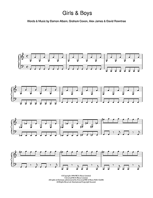 Preview Blur Girls And Boys Pop sheet music, notes and chords for Piano, Vocal & Guitar (Right-Hand Melody), SKU: 13658 sheet music, piano notes, chords, guitar tabs, score, transpose, transcribe, how to play, guide, download, learn, tutorial, progression, song, artist, awards, billboard, mtv, vh1, tour, single, album, release
