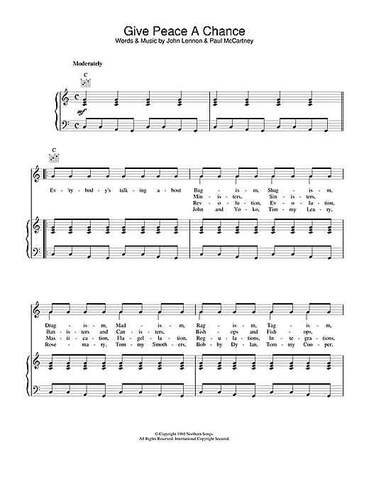 Preview John Lennon Give Peace A Chance Rock sheet music, notes and chords for Piano, Vocal & Guitar (Right-Hand Melody), SKU: 13660 sheet music, piano notes, chords, guitar tabs, score, transpose, transcribe, how to play, guide, download, learn, tutorial, progression, song, artist, awards, billboard, mtv, vh1, tour, single, album, release
