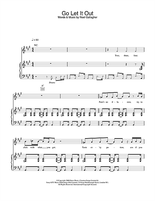 Preview Oasis Go Let It Out Pop sheet music, notes and chords for Piano, Vocal & Guitar, SKU: 13661 sheet music, piano notes, chords, guitar tabs, score, transpose, transcribe, how to play, guide, download, learn, tutorial, progression, song, artist, awards, billboard, mtv, vh1, tour, single, album, release